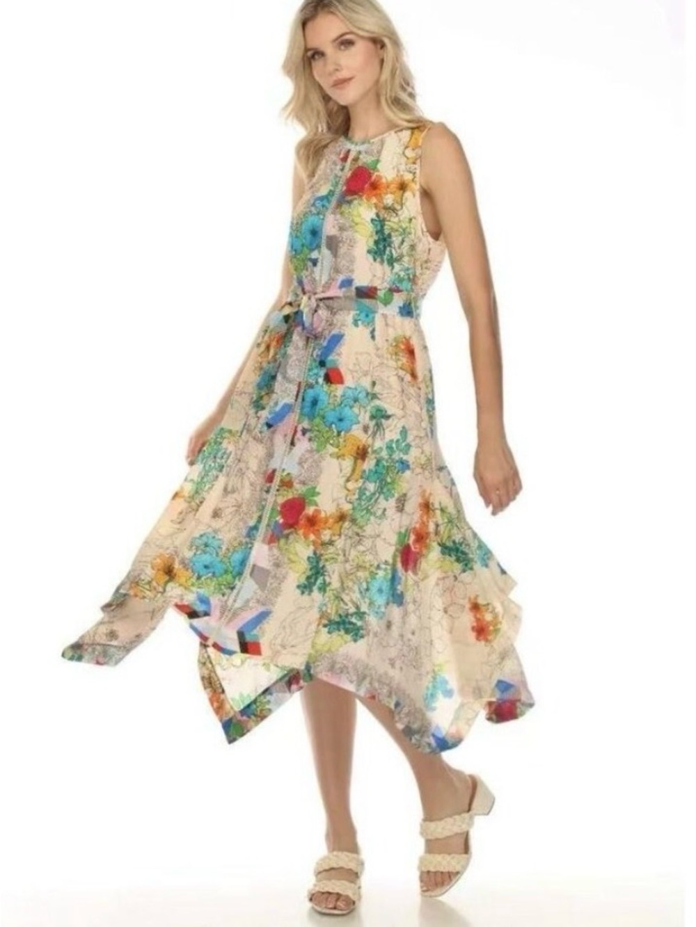 Johnny Was Naia Silk Cream Floral Handkerchief Midi Dress with Multicolor Print